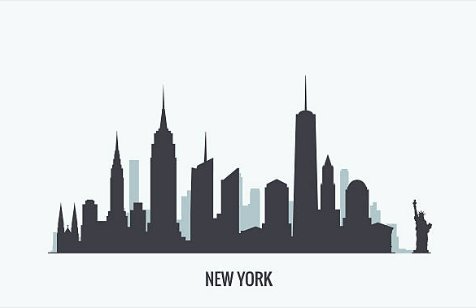 a city skyline with many tall buildings and a statue